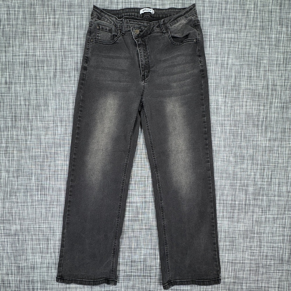 Genleck Womens Jeans Sz 12 Black Crossover Waist Wide Leg Asymmetrical High Rise